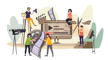 Filmmaking, video industry concept. Motion design studio staff. Cinematography concept. Video editor illustration. Motion design, animation. Director, designers, editors, operators. Multimedia vector