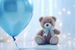 AI generated a bear sits next to blue gifts baby photo