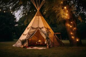 ai generado un tipi tienda sentado en césped lleno con árbol ramas foto