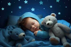 AI generated a baby is sleeping in his blue blanket with bears photo