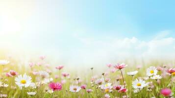 AI generated Serene meadow with blooming flowers, offering ample copy space for text photo