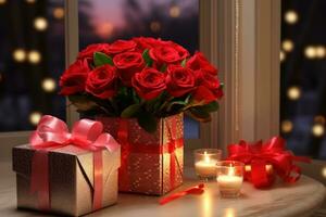 ai generado rojo rosas y regalo con luces para el enamorado foto