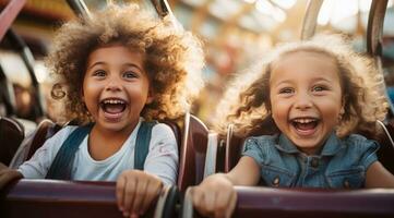 ai generado joven niños en el rodillo portavasos a un diversión parque foto