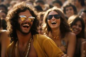 ai generado un hombre en Gafas de sol a un festival sonriente abajo a ellos foto