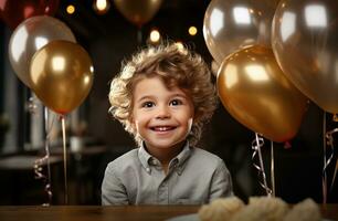 ai generado un sonriente pequeño chico con globos en el mesa foto