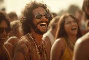 ai generado un hombre en Gafas de sol a un festival sonriente abajo a ellos foto