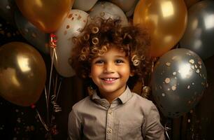 ai generado un sonriente pequeño chico con globos en el mesa foto