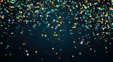 AI generated colorful confetti is falling down in front of a dark background photo