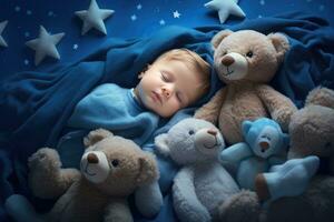 AI generated a baby is sleeping in his blue blanket with bears photo