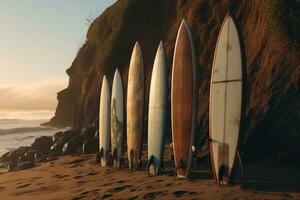 ai generado un fila de tablas de surf a el playa foto