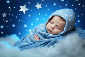 ai generado un dormido bebé con mantas y estrellas en un azul antecedentes foto