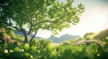 ai generado un árbol en el antecedentes con verde hojas foto