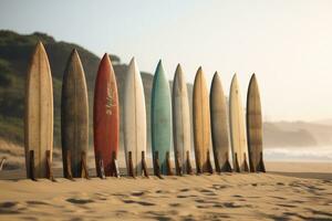 ai generado un fila de tablas de surf a el playa foto