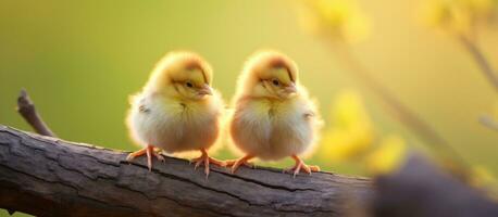 AI generated two small baby chicks on a branch with grasses in back photo