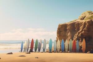 AI generated surfboards lined up in front of a blue rock photo