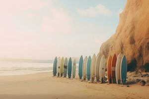 ai generado tablas de surf forrado arriba en frente de un azul rock foto