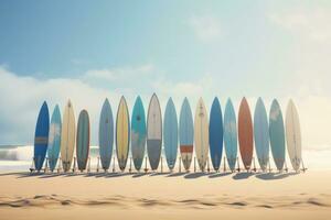 AI generated surfboards lined up in front of a blue rock photo