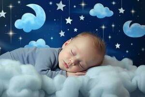 ai generado el bebé dormido en el nube con estrellas en el antecedentes foto