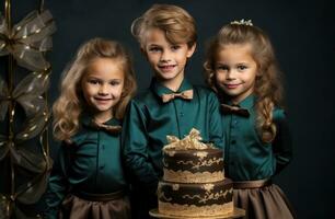 ai generado Tres brillantemente iluminado niños con cumpleaños pastel foto