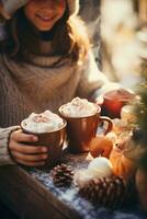 AI generated Winter aesthetic, cozy breakfast spread, soft blankets, creating a warm and inviting atmosphere photo