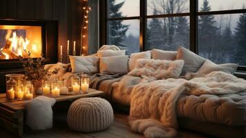 AI generated Cozy winter aesthetics, soft blankets, warm lights, creating an inviting and snug atmosphere photo