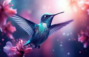 AI generated a blue bird flying among red and white flowers photo