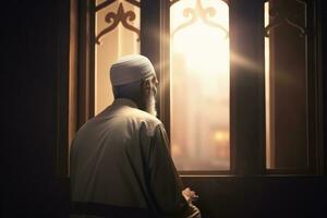 ai generado un musulmán hombre reza en frente de un ventana foto