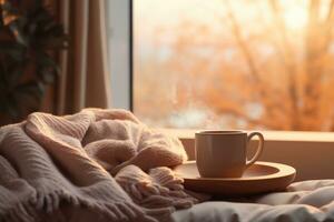 AI generated Cozy winter morning with steaming coffee photo