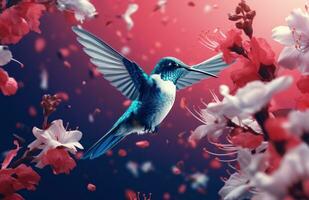 AI generated a blue bird flying among red and white flowers photo