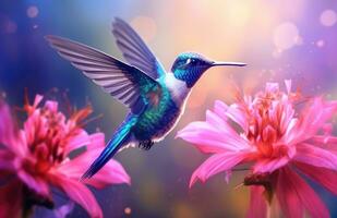 AI generated a blue bird flying among red and white flowers photo