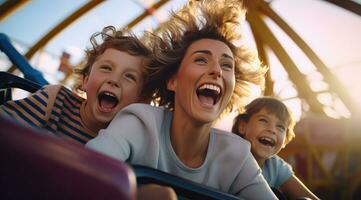 AI generated a lady and her two children are having a great time at the roller coaster photo