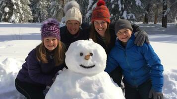 ai generado familia trabajo en equipo, edificio un muñeco de nieve, sonrisas, y el magia de Nevado unión foto