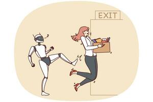 Robot kick female employee out of office job. Concept of artificial intelligence and androids at workplace. New era of robotic assistants. Vector illustration.