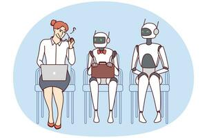 confuso mujer en línea con robots en oficina. vector ilustración