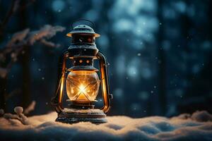 AI generated Burning Glowing lantern in winter snow Beautiful winter background AI Generated photo