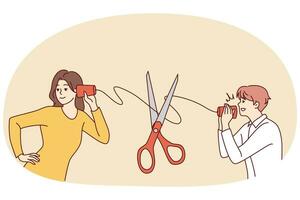 Man and woman with handmade cups hearing device suffer from bad communication. Scissors cut thread connecting couple talking. Vector illustration.