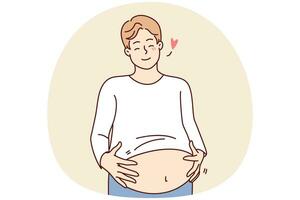 Happy fat man holding big belly feeling body positive. Smiling overweight guy with huge stomach with self-acceptance. Vector illustration.