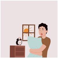 Portrait of  sleepy man waking up early morning vector illustration