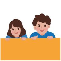 Portrait of kids boy and girl peeking over the wall cartoon illustration vector