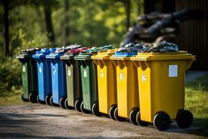 AI generated Multi-colored trash cans for paper, plastic, glass and organic matter in nature. Separate waste collection. Generated by artificial intelligence photo