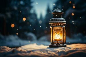 AI generated Burning Glowing lantern in winter snow Beautiful winter background AI Generated photo