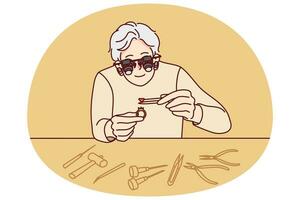 Jeweler in glasses working with rings and diamonds. Old man work with gems for jewelry at workplace. Vector illustration.