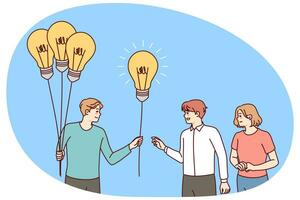 Man with lightbulbs in hands giving bulbs to people. Businessman offer creative business ideas to employees. Solution and problem solving. Vector illustration.