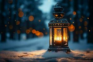 ai generado ardiente brillante linterna en invierno nieve hermosa invierno antecedentes ai generado foto