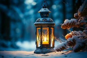 AI generated Burning Glowing lantern in winter snow Beautiful winter background AI Generated photo