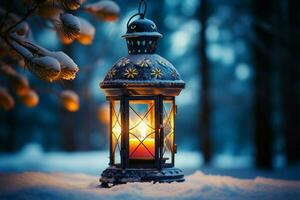 AI generated Burning Glowing lantern in winter snow Beautiful winter background AI Generated photo