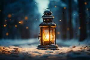 AI generated Burning Glowing lantern in winter snow Beautiful winter background AI Generated photo