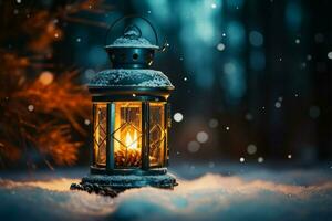 AI generated Burning Glowing lantern in winter snow Beautiful winter background AI Generated photo