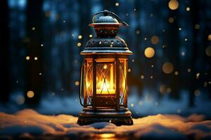 AI generated Burning Glowing lantern in winter snow Beautiful winter background AI Generated photo