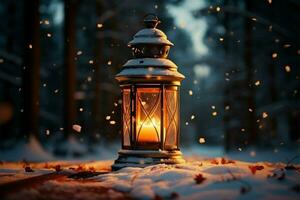 AI generated Burning Glowing lantern in winter snow Beautiful winter background AI Generated photo